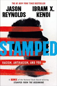 Stamped book cover with blue lettering and black silhouette