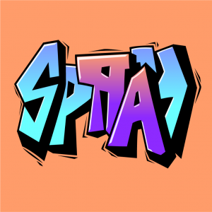 Spray AR logo featuring stylized, graffiti-style lettering in blue and purple on an orange background.