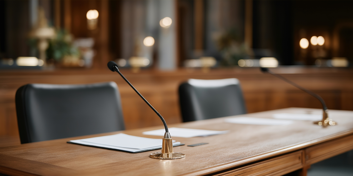 Close-up of council meeting documents, nameplates, and microphones on desks, emphasizing the formal structure and procedural nature of government work. cinematic color correction, natural uneven
