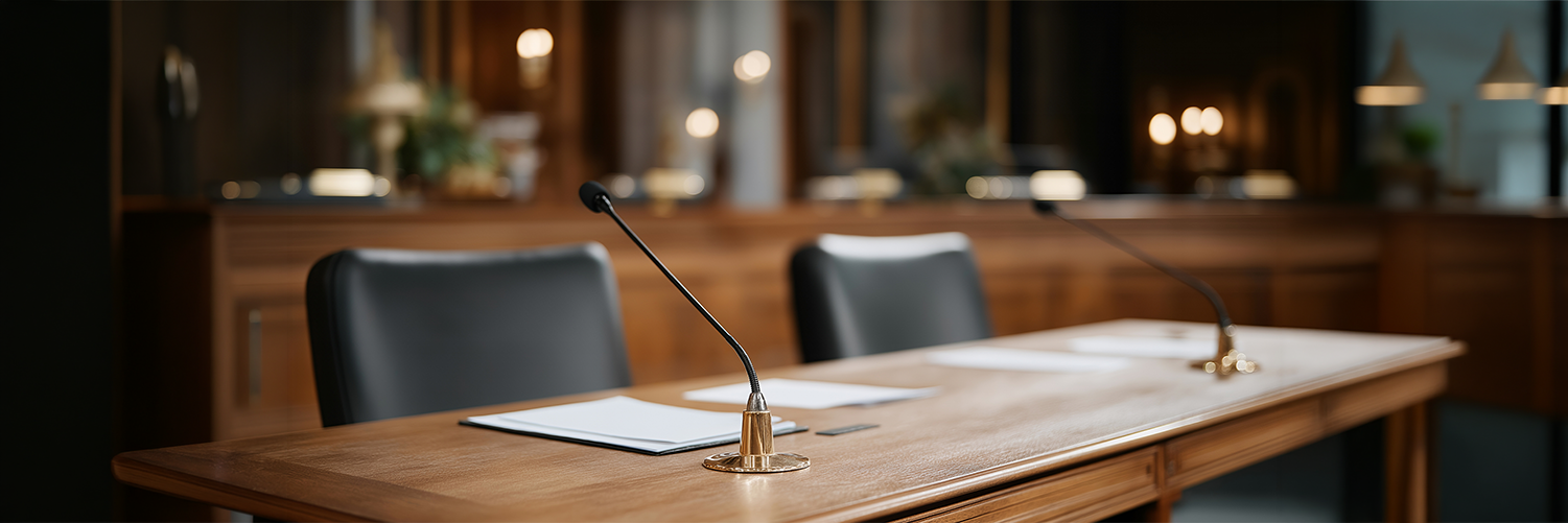 Close-up of council meeting documents, nameplates, and microphones on desks, emphasizing the formal structure and procedural nature of government work. cinematic color correction, natural uneven