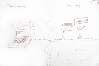 line drawing of a laptop and two people standing beside it