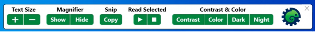 buttons to adjust text size, show or hide magnifier, snip, read selected, change contrast and color