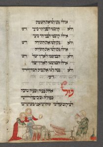 Leaf from Hebrew Manuscript 181, Washington Haggadah, depicting women preparing Passover meal, with dog at their feet. 15th century.
